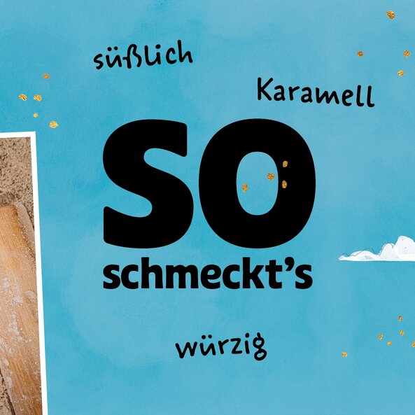 Text graphic with the words "this is how it tastes": !sweet", "caramel", and "spicy"