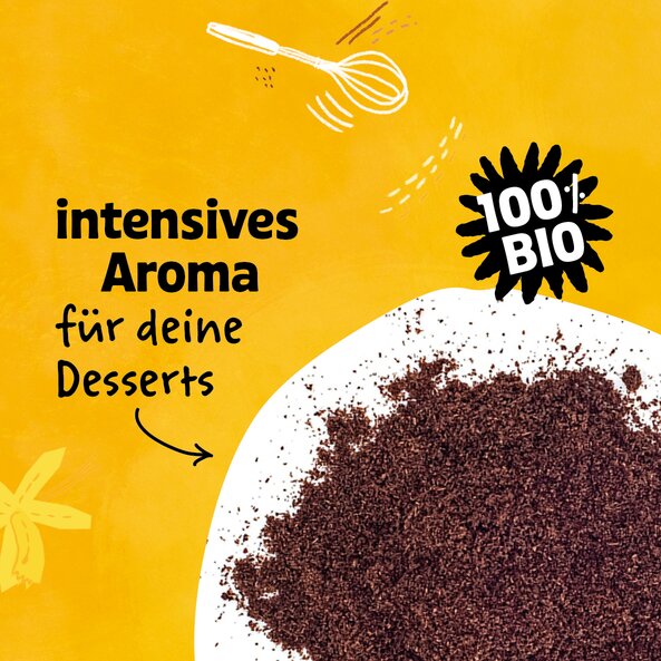 Ground vanilla powder on light background, text: "Intense aroma for your desserts", "100% organic"