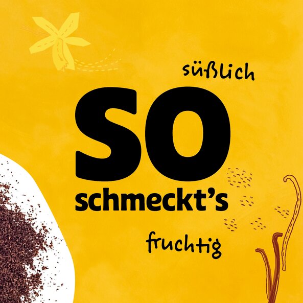 Illustration with vanilla powder and text "this is how it tastes": "sweet", "fruity"