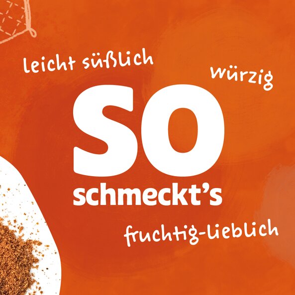 Flavor description of the gingerbread spice with text "this is how it tastes": "slightly sweet", "spicy" and "fruity and mild"