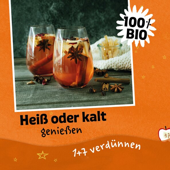 Zwei Gläser Apfelpunsch mit Gewürzen, Text "Heiß oder kalt genießen", "1+7 verdünnen" und "100 % BIO"