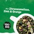 Kräuterteemischung mit Text "Mit Zitronenmelisse, Zimt & Orange" und Hinweis "100 % BIO"