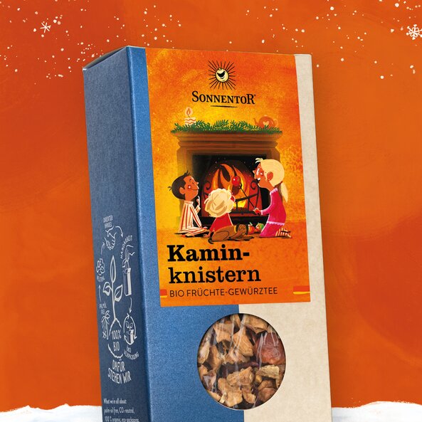 Sonnentor Kaminknistern, loose organic fruit and spice tea in package with viewing window