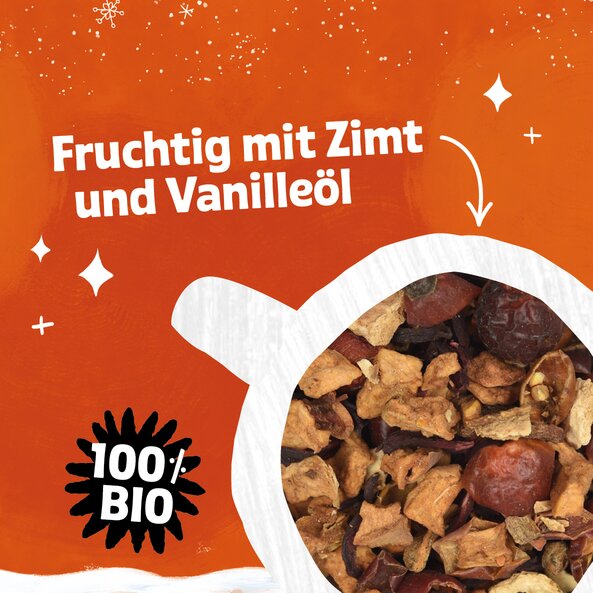 Fruit tea blend with text "Fruity with cinnamon and vanilla oil" and label "100% organic"