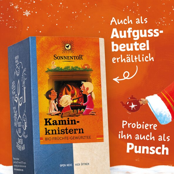 Kaminknistern fruit tea with text "Also available as tea bags” and “Try it as a punch"