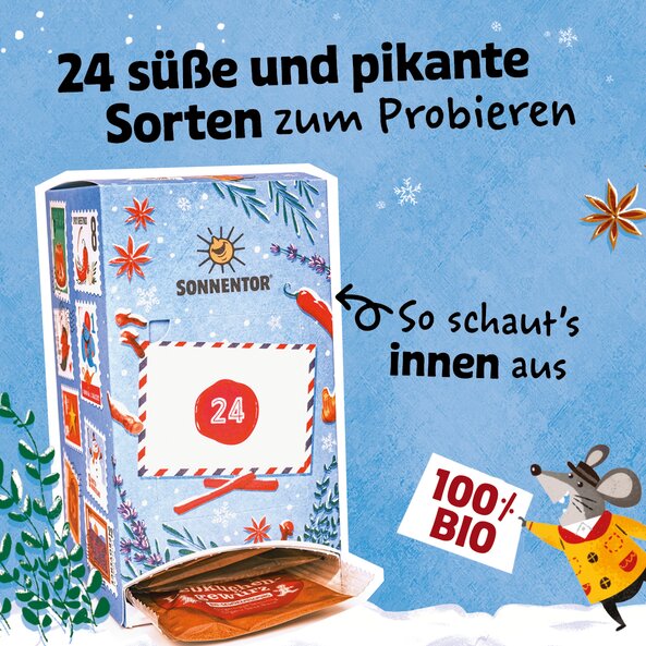 Opened spice advent calendar with text "24 sweet and savory varieties to try" and "100% organic"