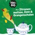 Teapot and cup surrounded by lemon balm, cinnamon and orange peel, text: "100% organic"
