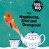 Teapot and cup with spices, text: "100% organic – With rosehip, cinnamon and orange oil"