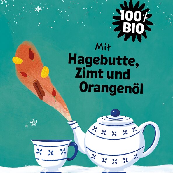 Teapot and cup with spices, text: "100% organic – With rosehip, cinnamon and orange oil"