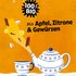 Teekanne und Tasse mit Zutaten, Text: "100% BIO – Mit Apfel, Zitrone & Gewürzen"