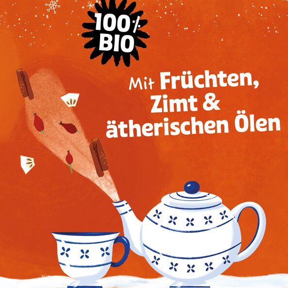 Teekanne und Tasse mit Zutaten, Text: "100% BIO – Mit Früchten, Zimt & ätherischen Ölen"