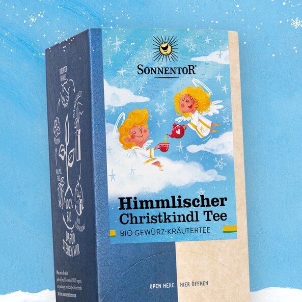 Packaging of Sonnentor Heavenly Christmas Delight Tea, organic spiced herbal tea with angel illustration