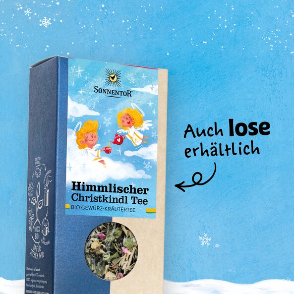 Packaging of Heavenly Christkindl Tea with viewing window, text: "Also available loose"