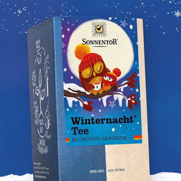 Packaging of Sonnentor Winter Night Fruit Tea, organic fruit and spice tea with owl illustration