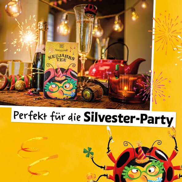 Neujahrstee Verpackung auf gedecktem Tisch, Text: "Perfekt für die Silvester-Party"