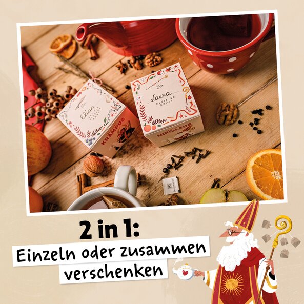 Two tea boxes on a table, text: "2 in 1: gift separately or together"