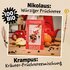 St. Nicholas & Krampus Tea packaging, text: "100% organic – St. Nicholas spicy fruit tea, Krampus herbal fruit blend"
