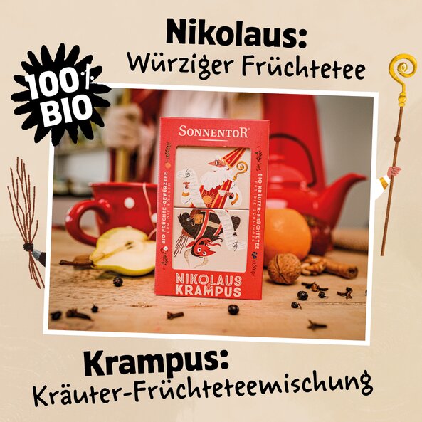 St. Nicholas & Krampus Tea packaging, text: "100% organic – St. Nicholas spicy fruit tea, Krampus herbal fruit blend"