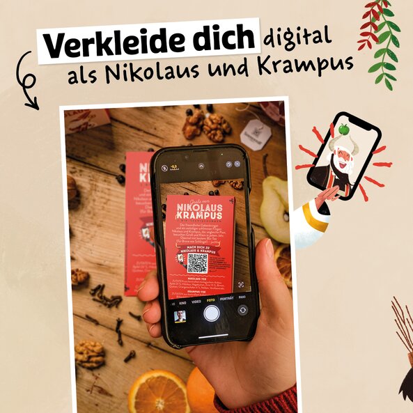 Hand holding smartphone, text: "Dress up digitally as Nikolaus and Krampus"