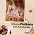 Two postcards with St. Nicholas and Krampus illustrations, text: "Includes postcard to cut out"