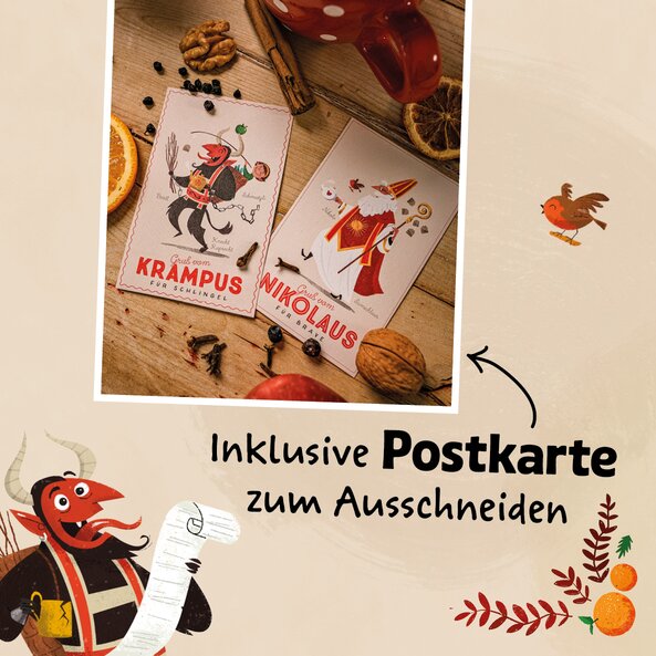 Two postcards with St. Nicholas and Krampus illustrations, text: "Includes postcard to cut out"