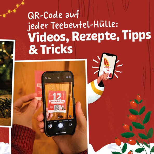 Tea Advent calendar with QR code for videos, recipes, and tips on each tea bag wrapper