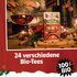 Tea advent calendar with brewed tea, text: "24 organic teas", "100% organic"