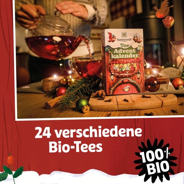 Tea advent calendar with brewed tea, text: "24 organic teas", "100% organic"