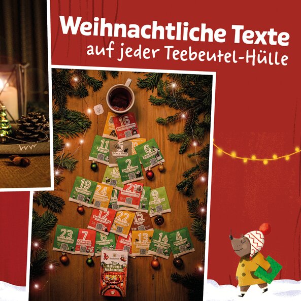 Tea bags arranged in the shape of a Christmas tree, text: "Christmas texts on every tea bag wrapper"