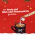 Illustration with cup of Christmas chai and text "Enjoy with honey and milk or plant-based drink"
