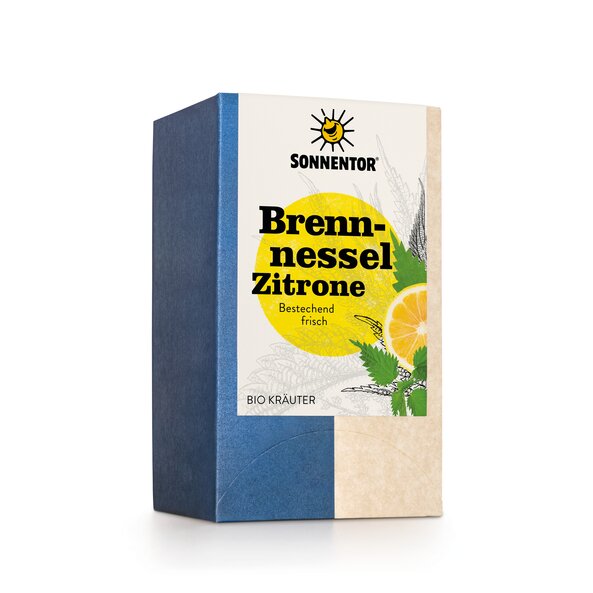 Auf der Packung steht Brennessel-Zitrone und abgebildet sind sowohl das SONNENTOR Logo als auch eine Brennnessel und eine Zitrone.