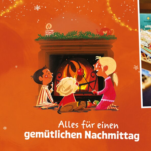 Illustration of people sitting by the fireplace with text "Everything for a cozy afternoon"